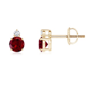 4mm AAA Basket-Set Round Garnet Stud Earrings with Diamond in 9K Yellow Gold