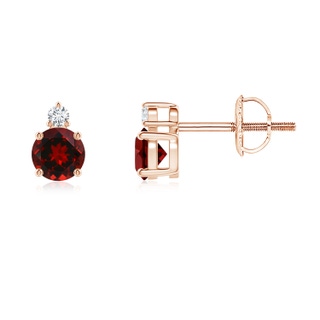 4mm AAAA Basket-Set Round Garnet Stud Earrings with Diamond in Rose Gold