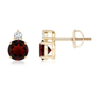 5mm AA Basket-Set Round Garnet Stud Earrings with Diamond in Yellow Gold