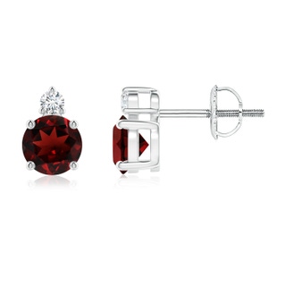 5mm AAA Basket-Set Round Garnet Stud Earrings with Diamond in P950 Platinum