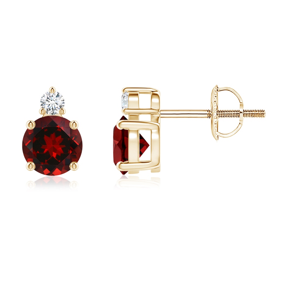 5mm AAAA Basket-Set Round Garnet Stud Earrings with Diamond in Yellow Gold 