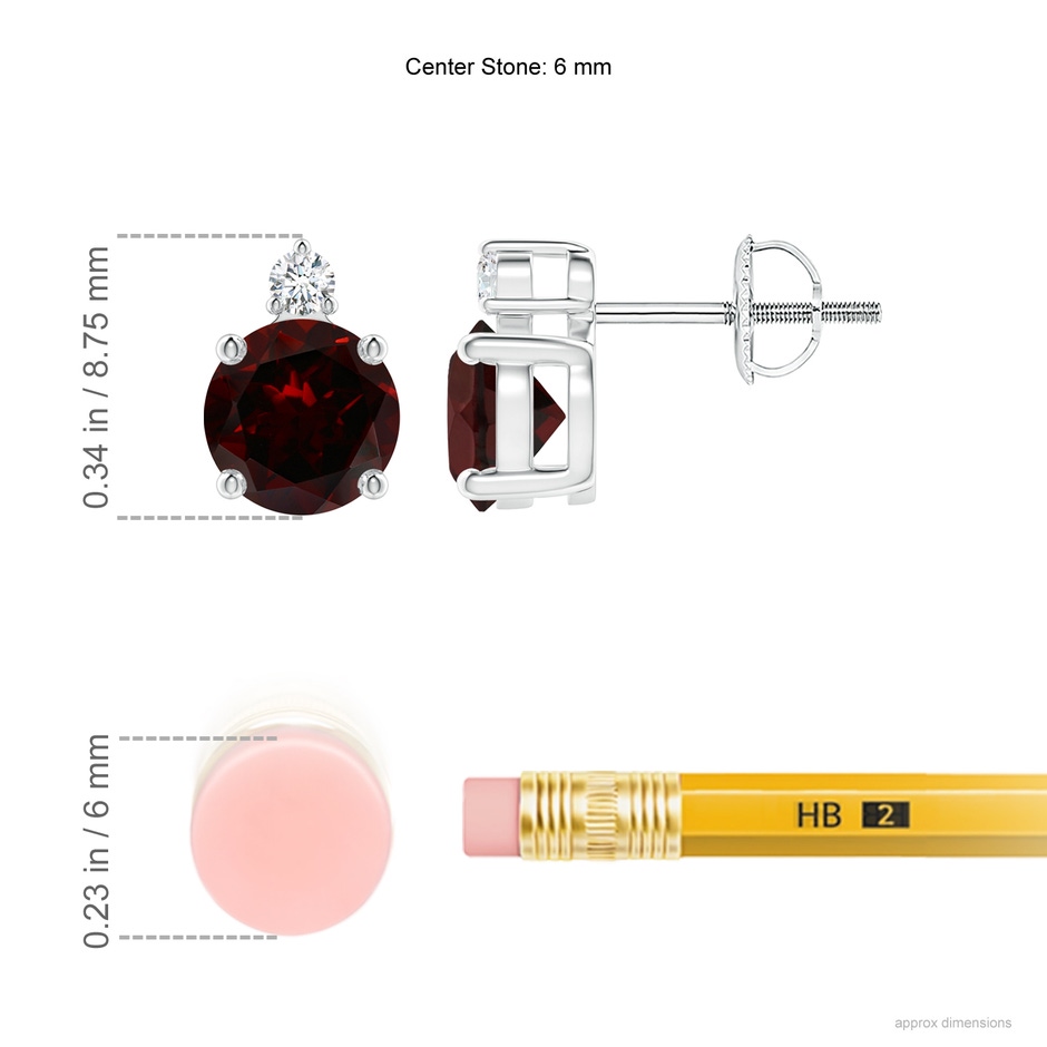 6mm A Basket-Set Round Garnet Stud Earrings with Diamond in 18K White Gold ruler