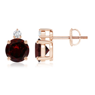 6mm A Basket-Set Round Garnet Stud Earrings with Diamond in Rose Gold