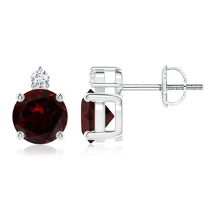 6mm A Basket-Set Round Garnet Stud Earrings with Diamond in White Gold