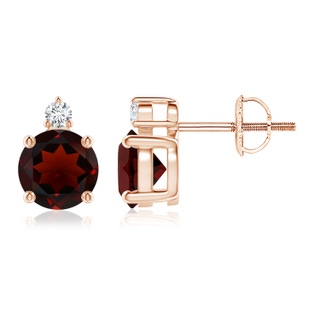 6mm AA Basket-Set Round Garnet Stud Earrings with Diamond in Rose Gold