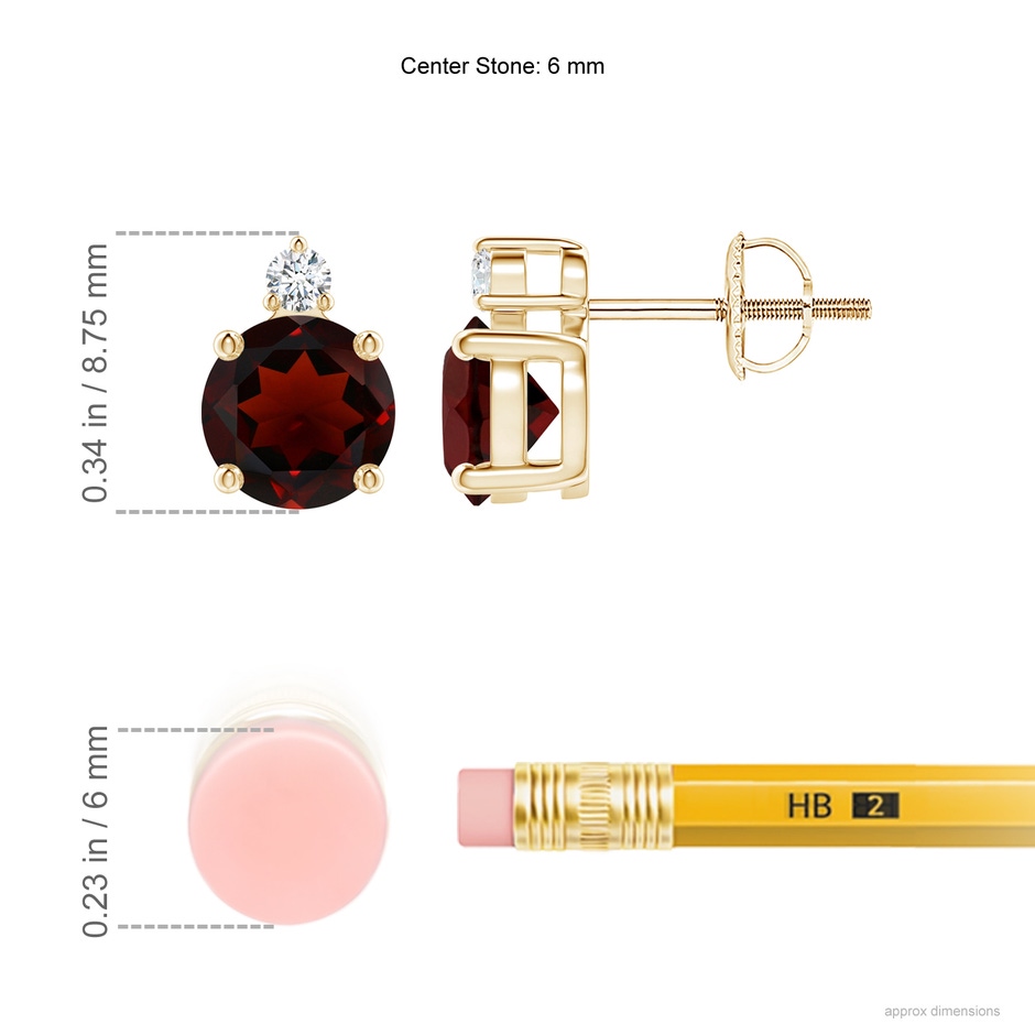 6mm AA Basket-Set Round Garnet Stud Earrings with Diamond in Yellow Gold ruler