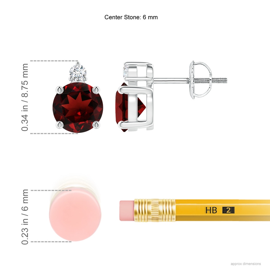 6mm AAA Basket-Set Round Garnet Stud Earrings with Diamond in 18K White Gold ruler