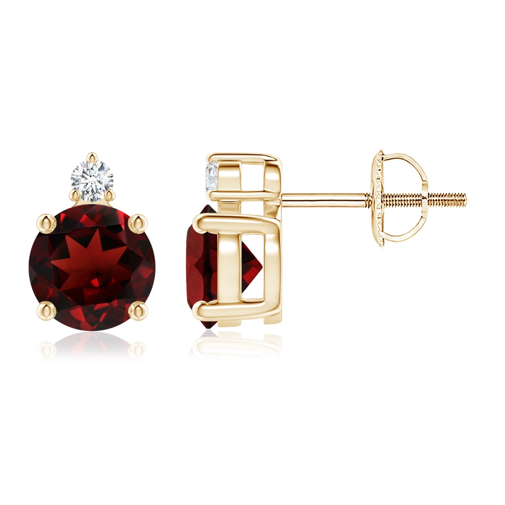 6mm AAA Basket-Set Round Garnet Stud Earrings with Diamond in Yellow Gold