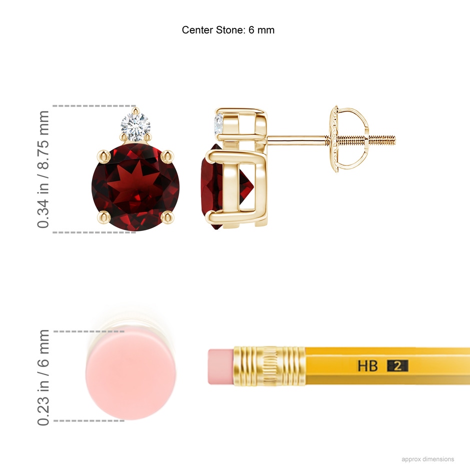 6mm AAA Basket-Set Round Garnet Stud Earrings with Diamond in Yellow Gold ruler