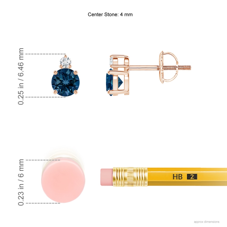 4mm AAAA Basket-Set Round London Blue Topaz Stud Earrings in Rose Gold ruler