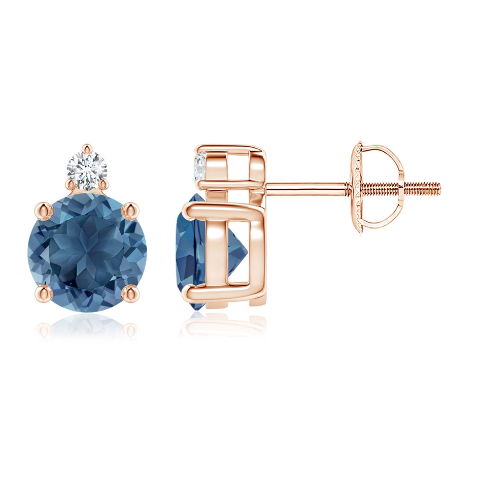 6mm A Basket-Set Round London Blue Topaz Stud Earrings in 18K Rose Gold 