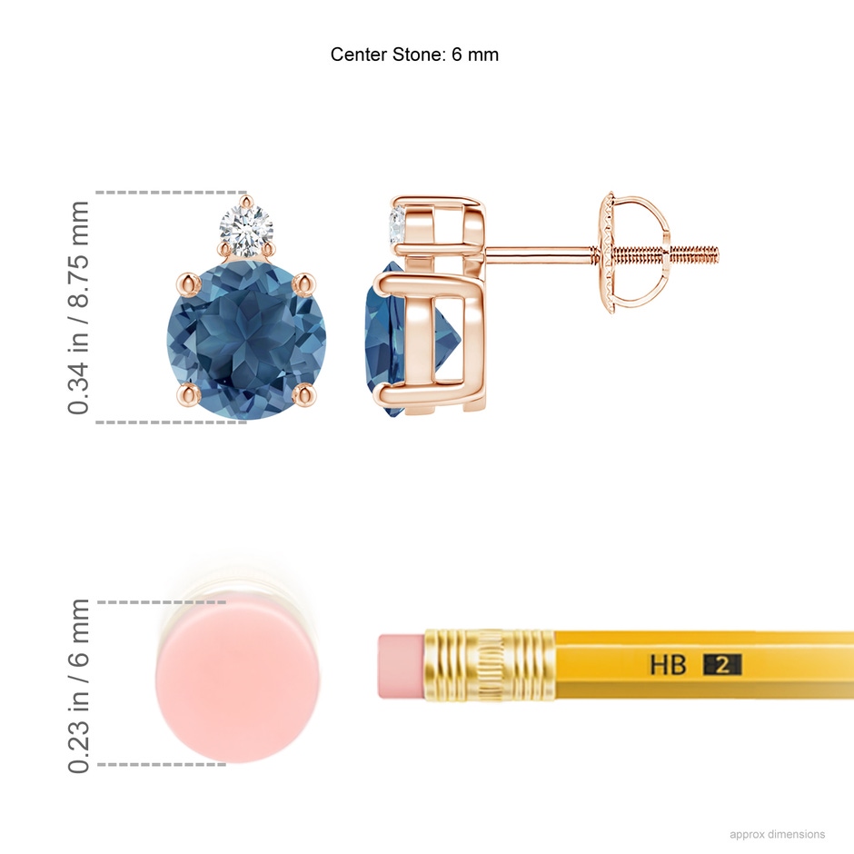 6mm A Basket-Set Round London Blue Topaz Stud Earrings in 18K Rose Gold ruler