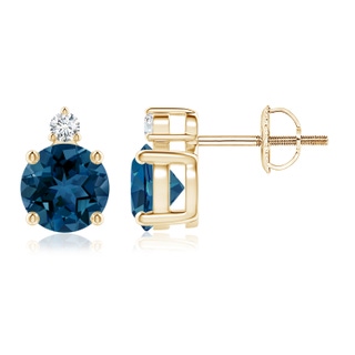 6mm AAA Basket-Set Round London Blue Topaz Stud Earrings in Yellow Gold