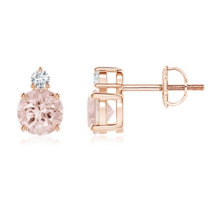 5mm AA Basket-Set Round Morganite Stud Earrings with Diamond in Rose Gold