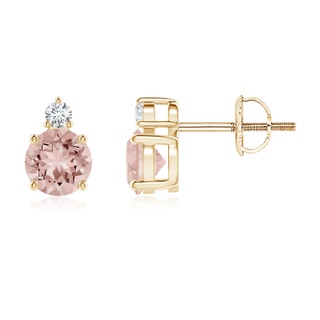 5mm AAAA Basket-Set Round Morganite Stud Earrings with Diamond in Yellow Gold