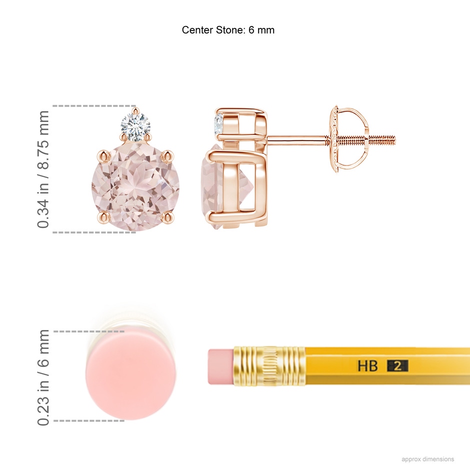 6mm A Basket-Set Round Morganite Stud Earrings with Diamond in Rose Gold ruler