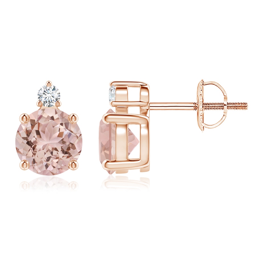 6mm AAA Basket-Set Round Morganite Stud Earrings with Diamond in Rose Gold 