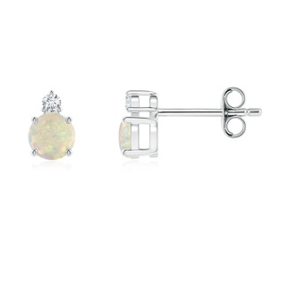 4mm AAA Basket-Set Round Opal Stud Earrings with Diamond in S999 Silver