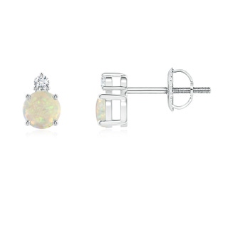 4mm AAA Basket-Set Round Opal Stud Earrings with Diamond in White Gold