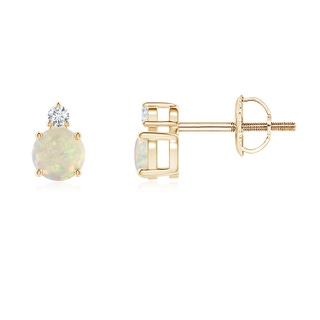 4mm AAA Basket-Set Round Opal Stud Earrings with Diamond in Yellow Gold