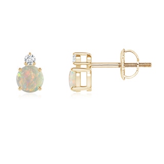 4mm AAAA Basket-Set Round Opal Stud Earrings with Diamond in 9K Yellow Gold