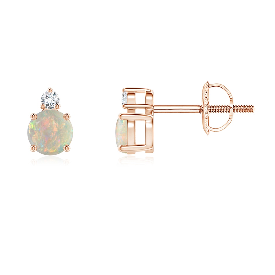 4mm AAAA Basket-Set Round Opal Stud Earrings with Diamond in Rose Gold 