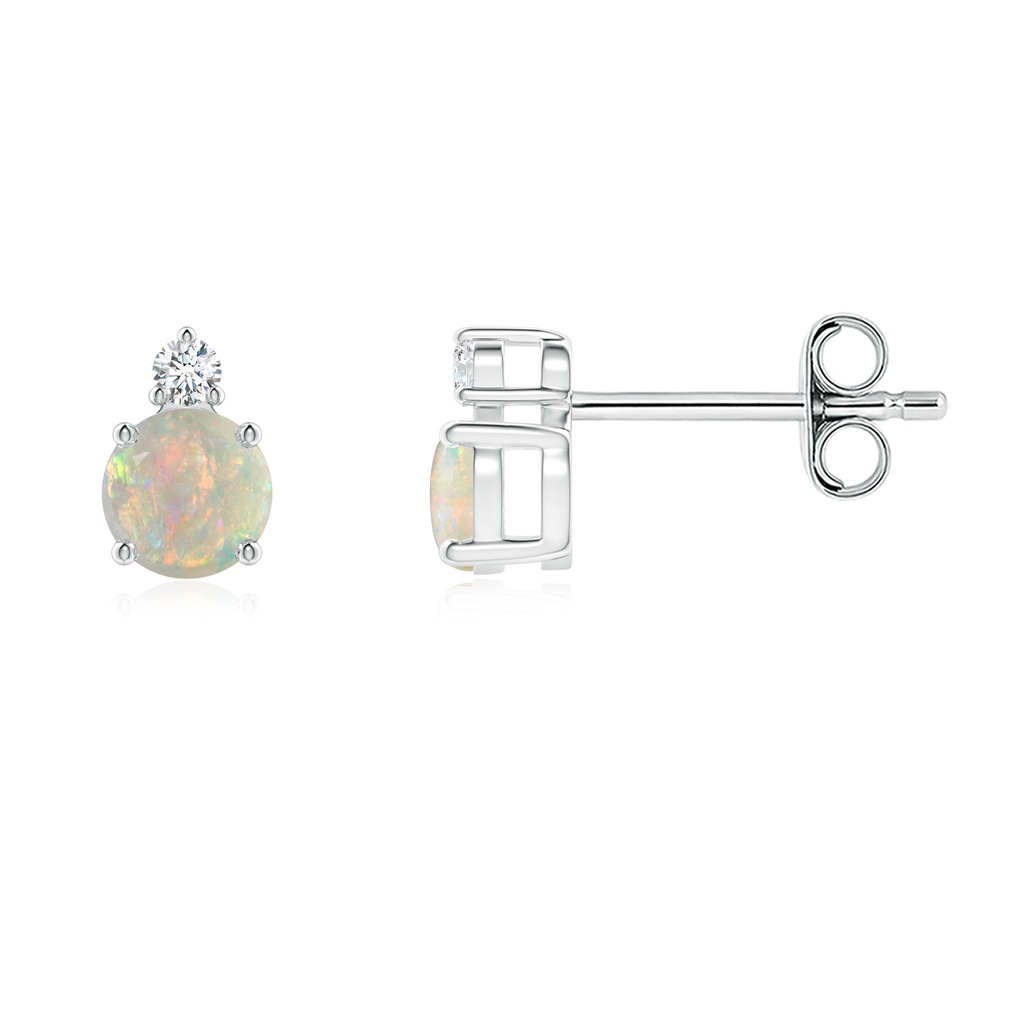 4mm AAAA Basket-Set Round Opal Stud Earrings with Diamond in S999 Silver