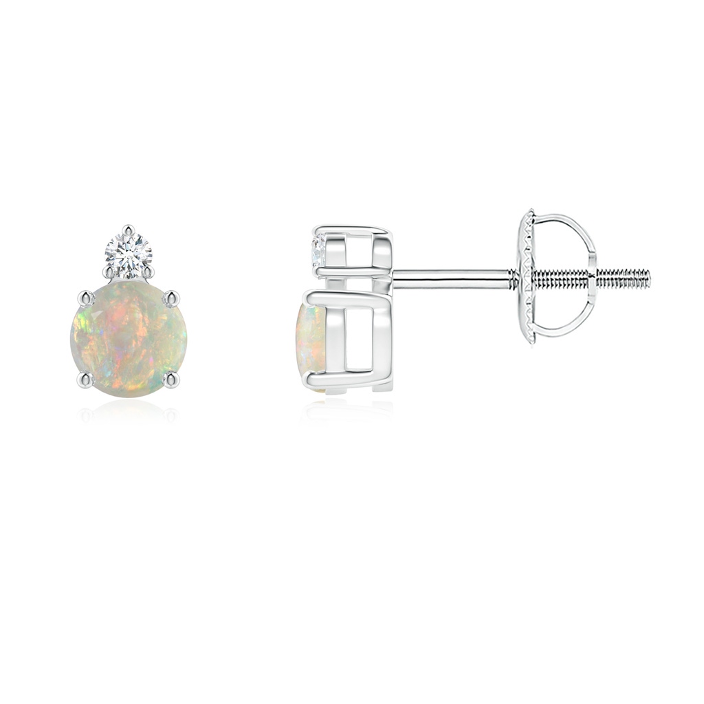 4mm AAAA Basket-Set Round Opal Stud Earrings with Diamond in White Gold