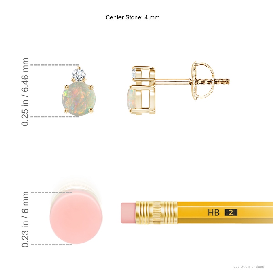 4mm AAAA Basket-Set Round Opal Stud Earrings with Diamond in Yellow Gold ruler