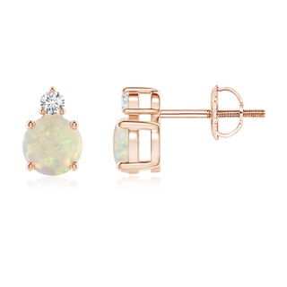 5mm AAA Basket-Set Round Opal Stud Earrings with Diamond in Rose Gold