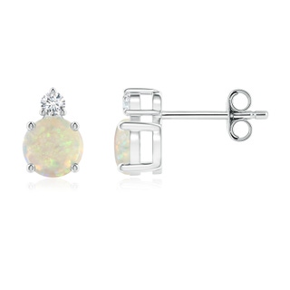 5mm AAA Basket-Set Round Opal Stud Earrings with Diamond in S999 Silver