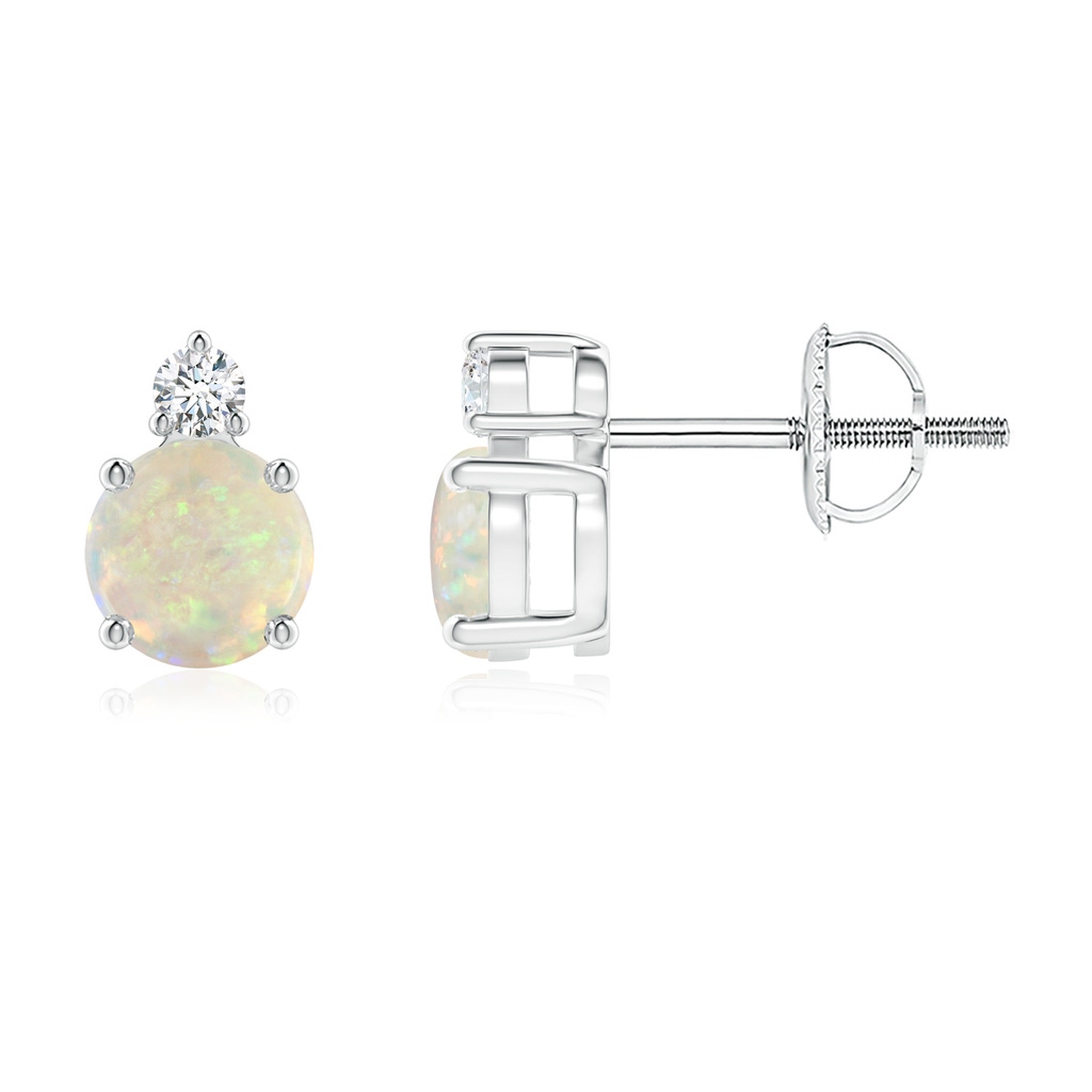 5mm AAA Basket-Set Round Opal Stud Earrings with Diamond in White Gold