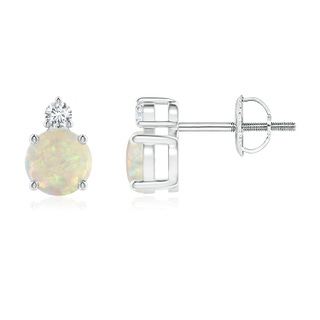 5mm AAA Basket-Set Round Opal Stud Earrings with Diamond in White Gold