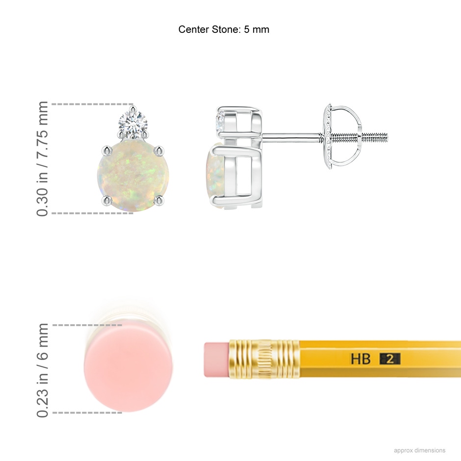 5mm AAA Basket-Set Round Opal Stud Earrings with Diamond in White Gold ruler