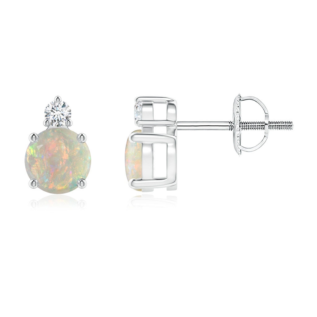 5mm AAAA Basket-Set Round Opal Stud Earrings with Diamond in 10K White Gold