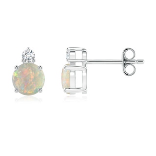 5mm AAAA Basket-Set Round Opal Stud Earrings with Diamond in S999 Silver