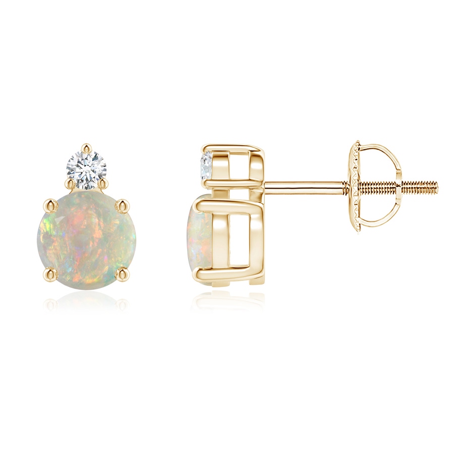 5mm AAAA Basket-Set Round Opal Stud Earrings with Diamond in Yellow Gold 