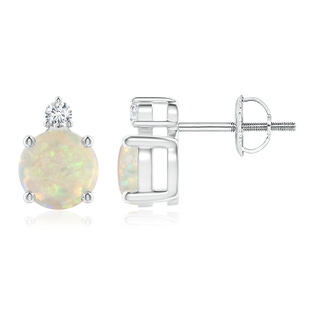 6mm AAA Basket-Set Round Opal Stud Earrings with Diamond in P950 Platinum