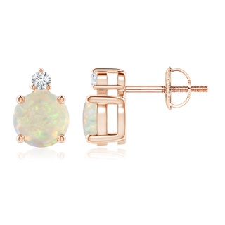 6mm AAA Basket-Set Round Opal Stud Earrings with Diamond in Rose Gold