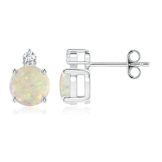 6mm AAA Basket-Set Round Opal Stud Earrings with Diamond in S999 Silver