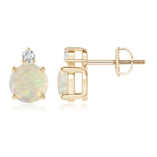 6mm AAA Basket-Set Round Opal Stud Earrings with Diamond in Yellow Gold