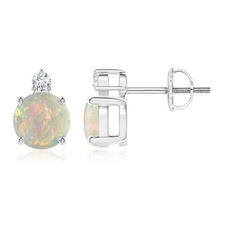 6mm AAAA Basket-Set Round Opal Stud Earrings with Diamond in P950 Platinum