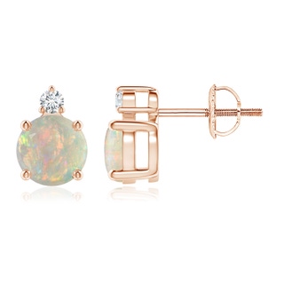 6mm AAAA Basket-Set Round Opal Stud Earrings with Diamond in Rose Gold