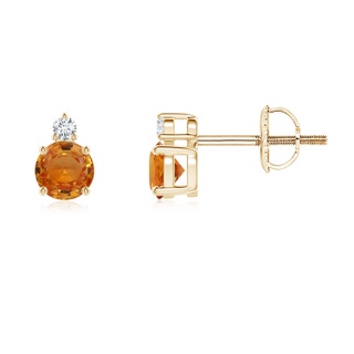 4mm AAA Basket-Set Round Orange Sapphire Stud Earrings with Diamond in Yellow Gold