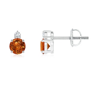 4mm AAAA Basket-Set Round Orange Sapphire Stud Earrings with Diamond in P950 Platinum