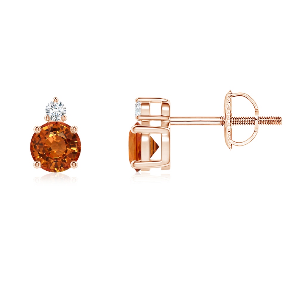 4mm AAAA Basket-Set Round Orange Sapphire Stud Earrings with Diamond in Rose Gold