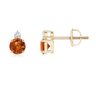 4mm AAAA Basket-Set Round Orange Sapphire Stud Earrings with Diamond in Yellow Gold