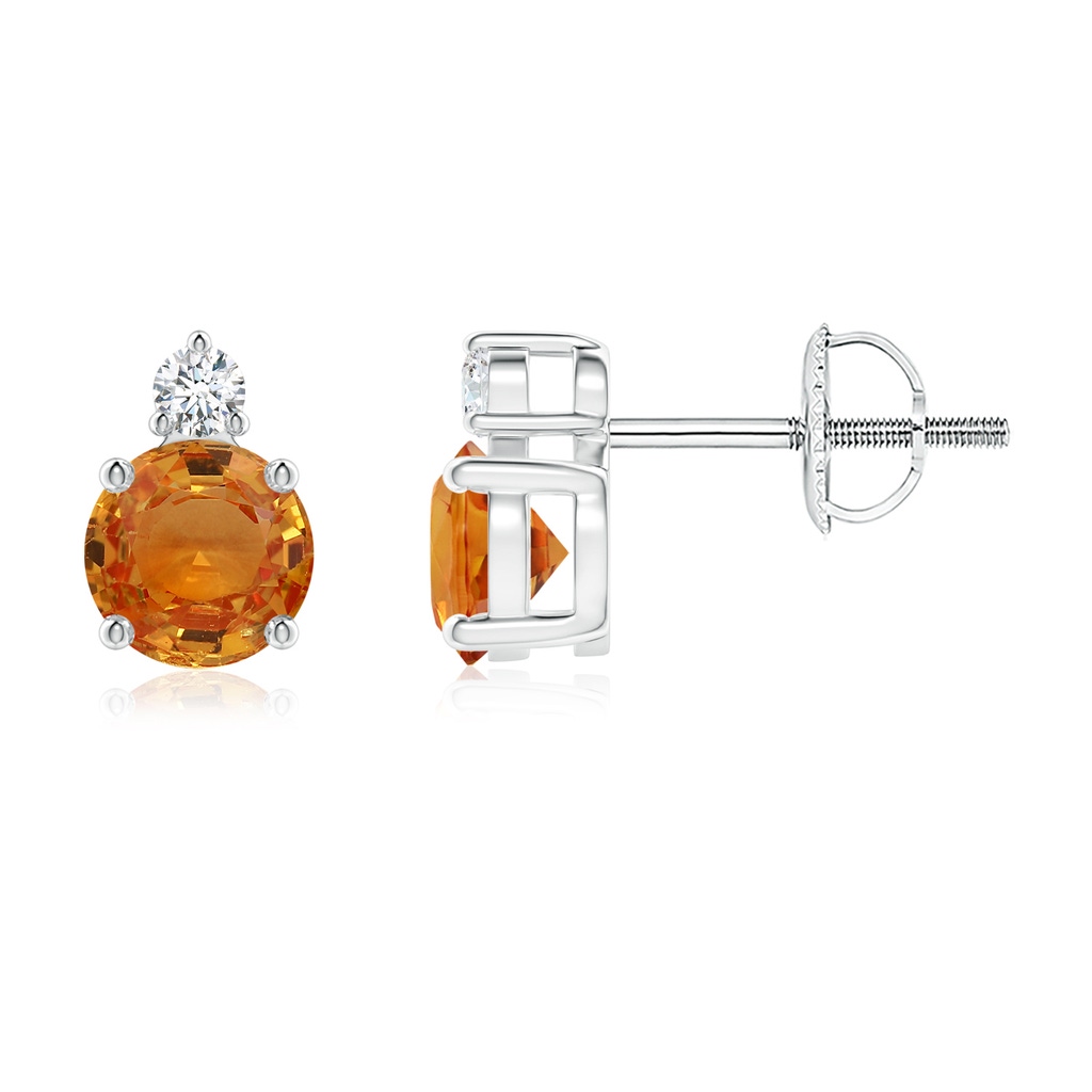 5mm AAA Basket-Set Round Orange Sapphire Stud Earrings with Diamond in White Gold