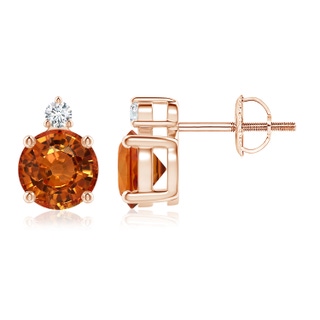 6mm AAAA Basket-Set Round Orange Sapphire Stud Earrings with Diamond in Rose Gold