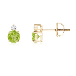 4mm AA Basket-Set Round Peridot Stud Earrings with Diamond in Yellow Gold